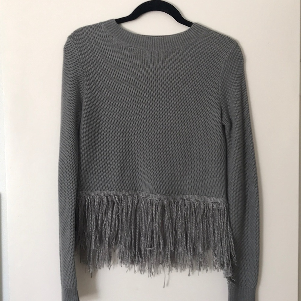Fringe-Trimmed Lightweight Grey Sweater